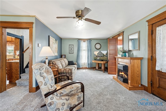 living room with carpet flooring, ceiling fan, crown molding, and a premium fireplace