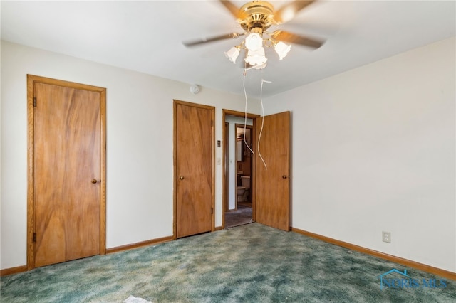 unfurnished bedroom with ceiling fan and carpet flooring