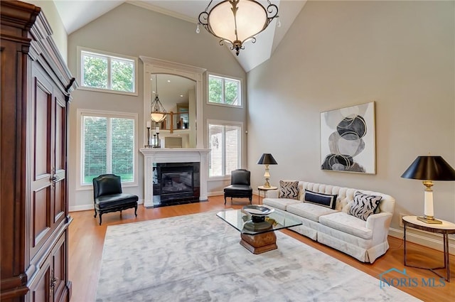living area featuring a fireplace with flush hearth, a healthy amount of sunlight, light wood-style flooring, and baseboards