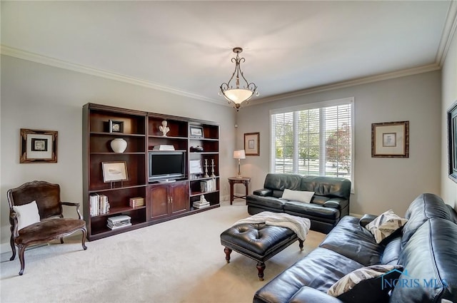 living room with carpet and crown molding