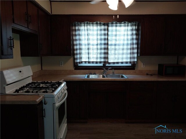 kitchen featuring ceiling fan, sink, gas range gas stove, hardwood / wood-style flooring, and dark brown cabinetry