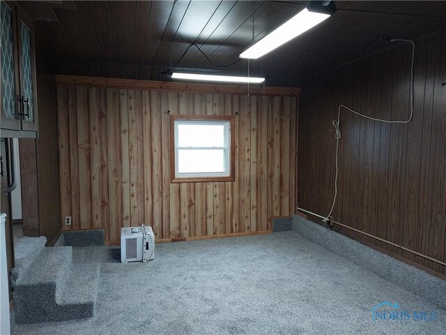 unfurnished room featuring carpet flooring and wooden walls