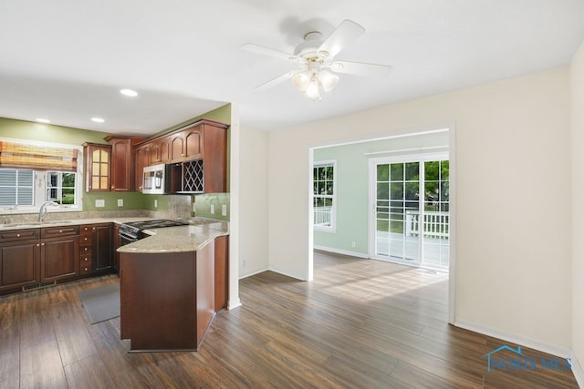 kitchen featuring ceiling fan, dark hardwood / wood-style floors, a healthy amount of sunlight, and range with electric cooktop