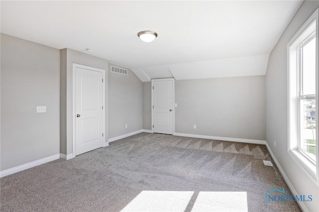 additional living space with lofted ceiling and carpet