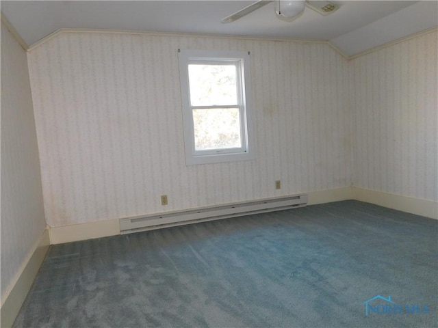 carpeted empty room featuring a baseboard heating unit, lofted ceiling, ceiling fan, and wallpapered walls