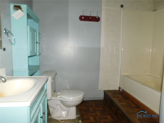 full bathroom featuring shower / bath combination, parquet floors, toilet, and vanity