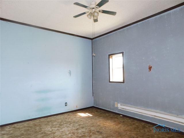 carpeted spare room featuring ceiling fan and a baseboard radiator