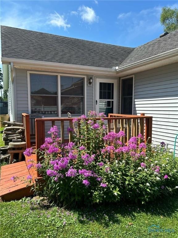 doorway to property featuring a wooden deck and roof with shingles