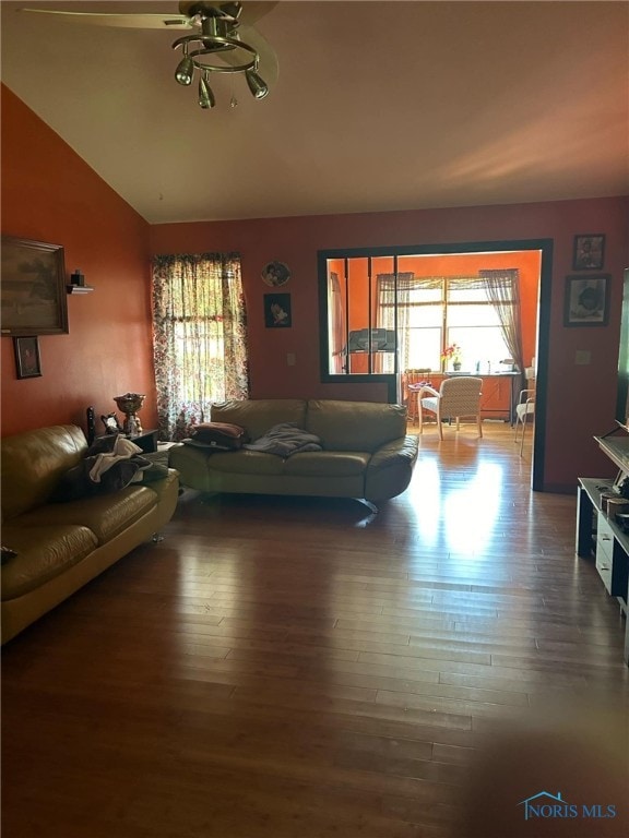 living room with vaulted ceiling and wood-type flooring