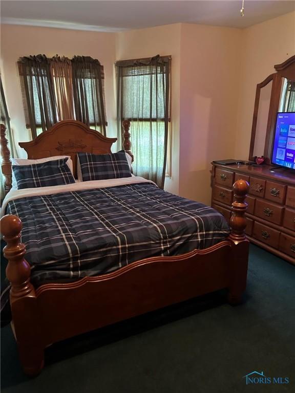 bedroom featuring dark colored carpet