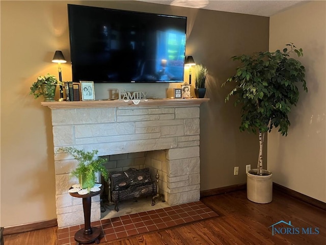 room details with hardwood / wood-style flooring and a fireplace