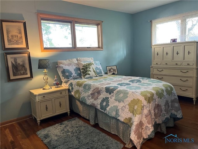 bedroom featuring multiple windows and dark hardwood / wood-style flooring