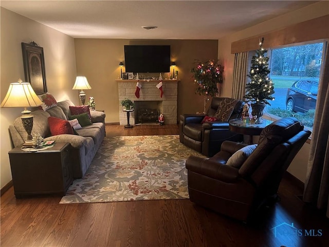 living room with wood-type flooring and a stone fireplace