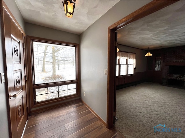 entryway featuring a fireplace and dark hardwood / wood-style flooring