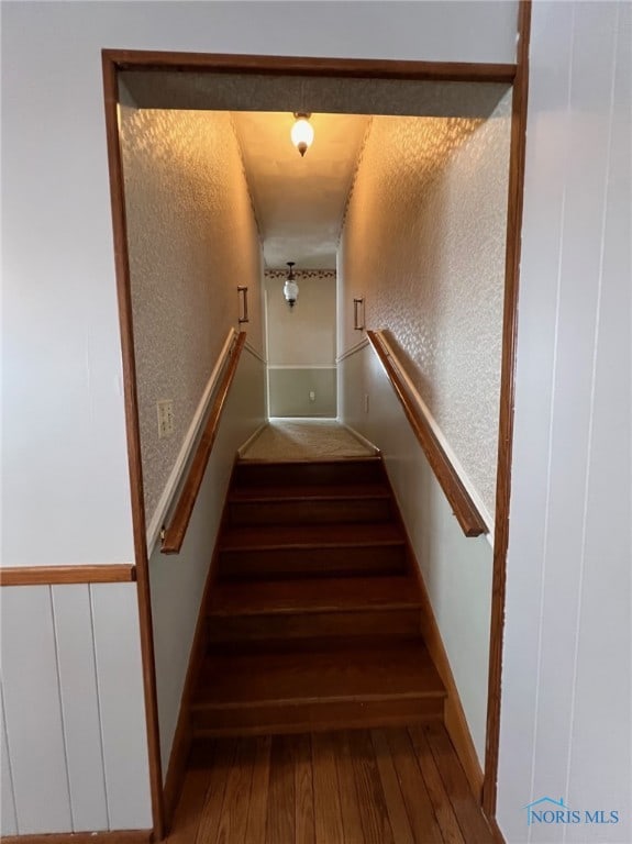 stairway with hardwood / wood-style flooring