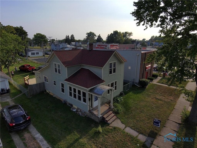 view of aerial view at dusk