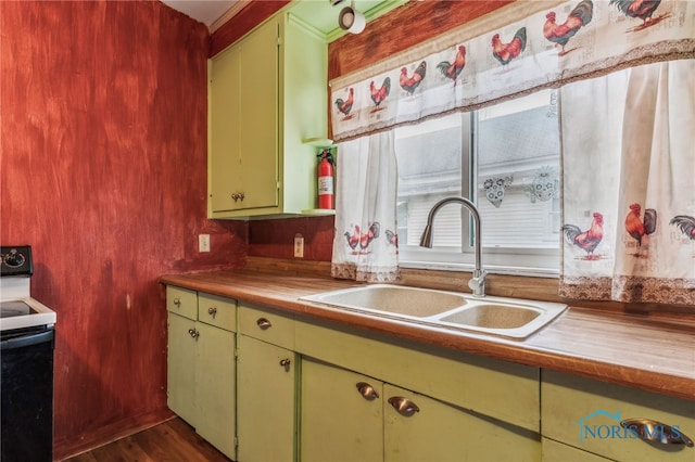 kitchen with white electric range oven, green cabinets, sink, and wooden counters