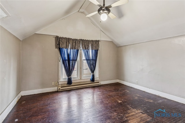 bonus room with ceiling fan, wood-type flooring, lofted ceiling, and a baseboard heating unit