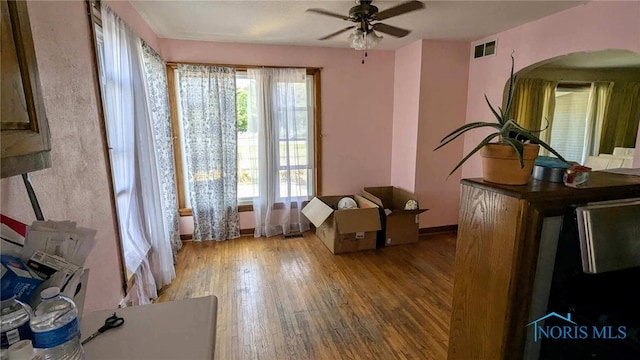 interior space with a healthy amount of sunlight, ceiling fan, and hardwood / wood-style flooring