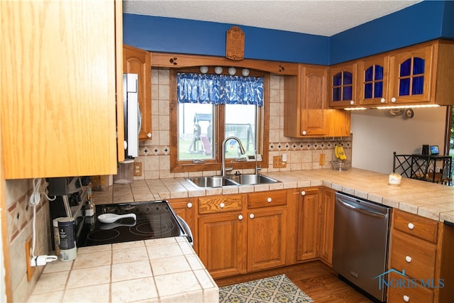 kitchen with stainless steel dishwasher, sink, decorative backsplash, and tile countertops