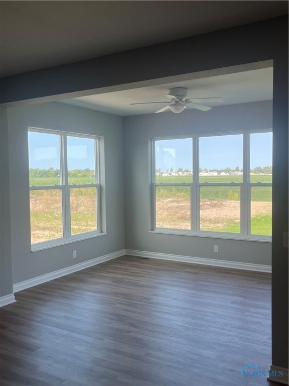 spare room featuring ceiling fan, wood-type flooring, and a healthy amount of sunlight