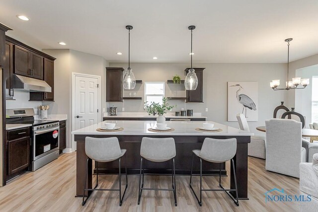 kitchen featuring under cabinet range hood, a breakfast bar, light wood-style floors, dark brown cabinetry, and stainless steel range with electric stovetop
