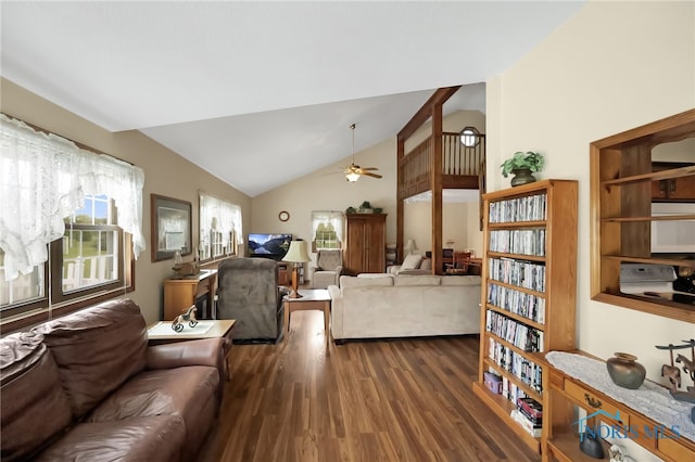 living room featuring ceiling fan, high vaulted ceiling, and dark hardwood / wood-style flooring