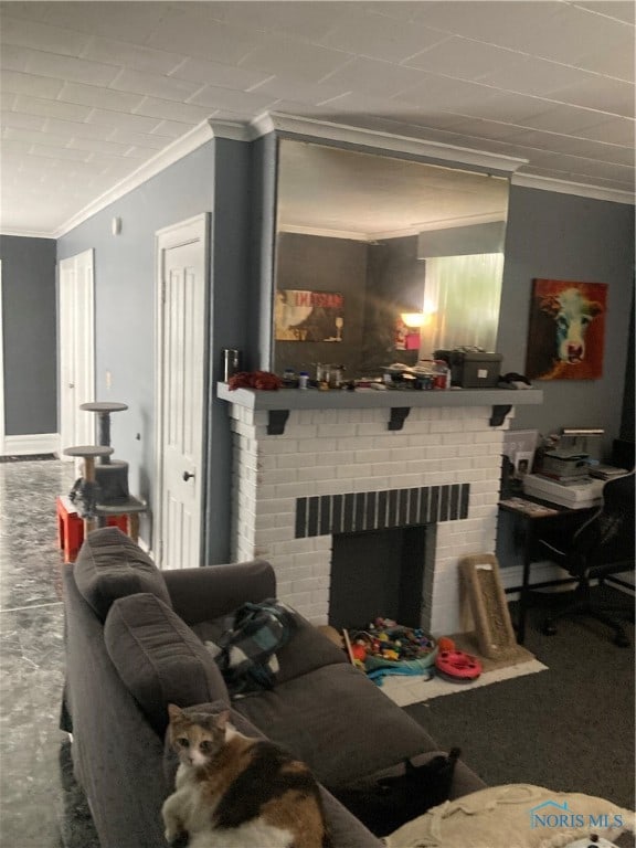 carpeted living room featuring ornamental molding and a fireplace