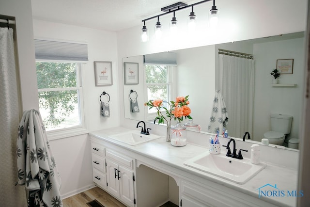 bathroom featuring a wealth of natural light, vanity, toilet, and hardwood / wood-style flooring