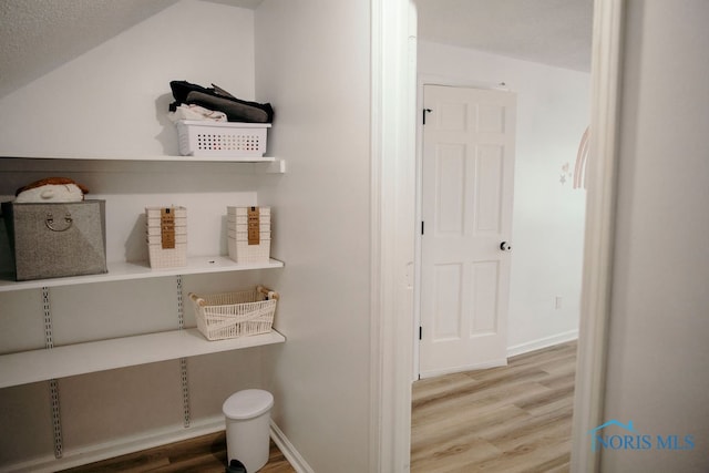 interior space featuring lofted ceiling and hardwood / wood-style flooring