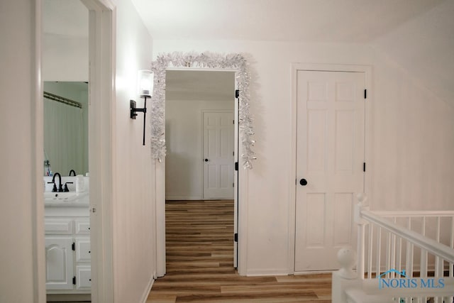 hall featuring wood-type flooring and sink