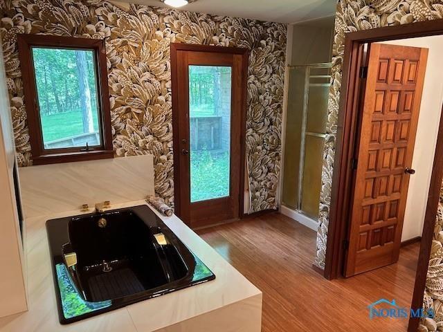 bathroom with a bathtub, a wealth of natural light, a shower stall, and wood finished floors