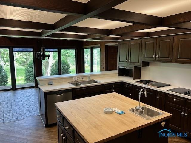 kitchen with stainless steel dishwasher, dark wood-type flooring, sink, and a kitchen island with sink