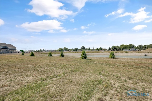 view of yard with a rural view and a water view