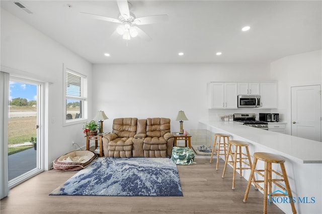 living room featuring ceiling fan and light wood-type flooring