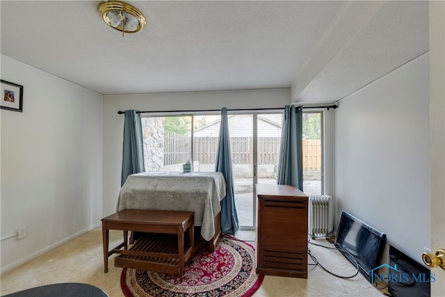 carpeted bedroom with multiple windows, radiator heating unit, access to outside, and a textured ceiling