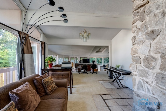 living room with a textured ceiling, a notable chandelier, and lofted ceiling with beams