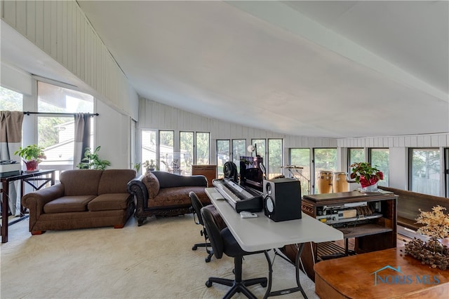 interior space featuring a healthy amount of sunlight, light carpet, and vaulted ceiling