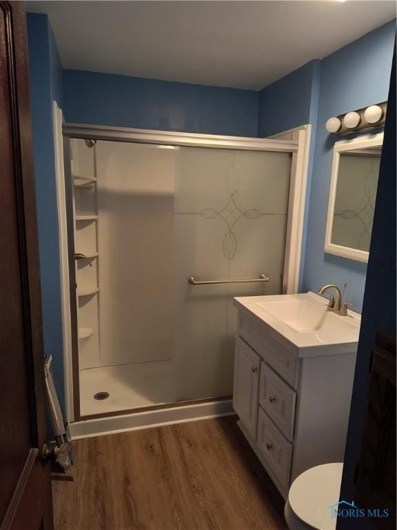 bathroom featuring vanity, wood-type flooring, and a shower with shower door