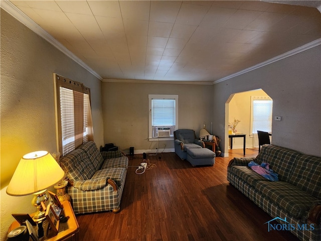 living room featuring cooling unit, crown molding, and hardwood / wood-style floors