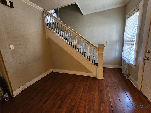 staircase featuring wood-type flooring and crown molding