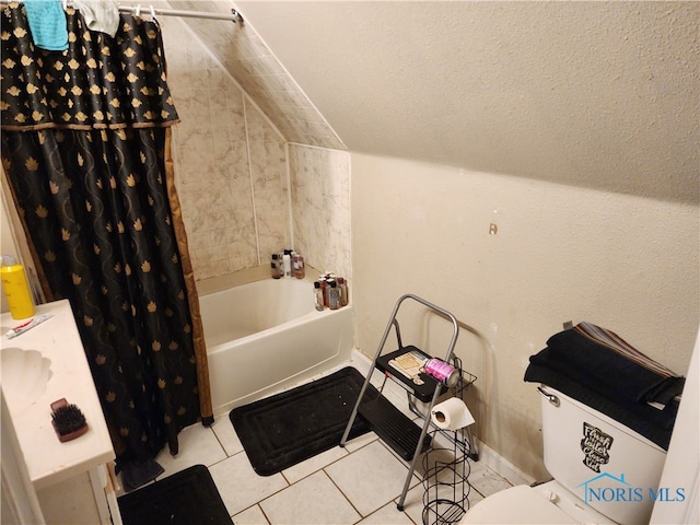 full bathroom with a textured ceiling, vanity, shower / tub combo, tile patterned flooring, and toilet