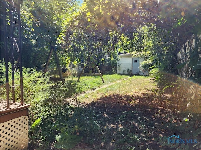 view of yard with a storage unit