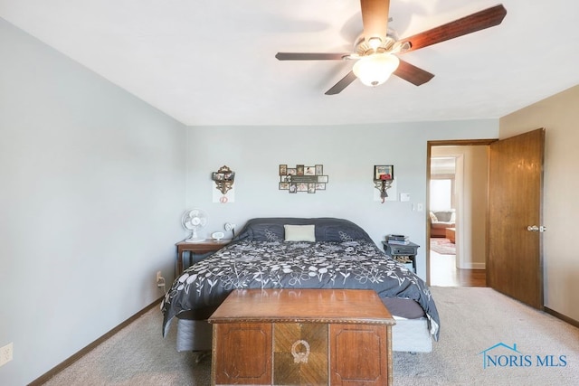 bedroom featuring carpet flooring and ceiling fan