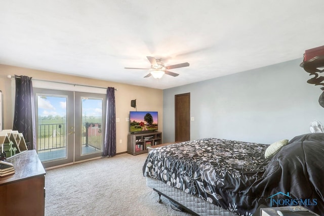 bedroom with access to exterior, ceiling fan, french doors, and light carpet