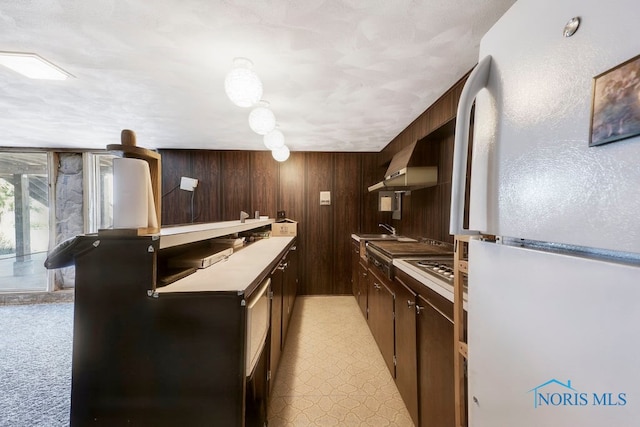 kitchen with dark brown cabinets, light colored carpet, wooden walls, sink, and white refrigerator