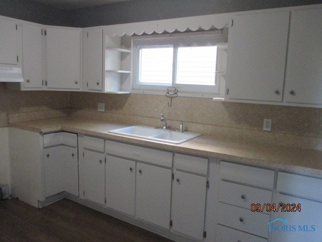 kitchen with white cabinets, sink, backsplash, and range hood