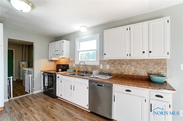 kitchen with black range with electric stovetop, white cabinets, sink, stainless steel dishwasher, and light wood-type flooring