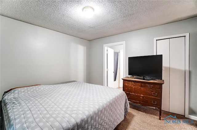 bedroom featuring carpet floors, a textured ceiling, and a closet