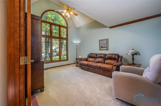 living room with light carpet, a textured ceiling, vaulted ceiling, and ceiling fan